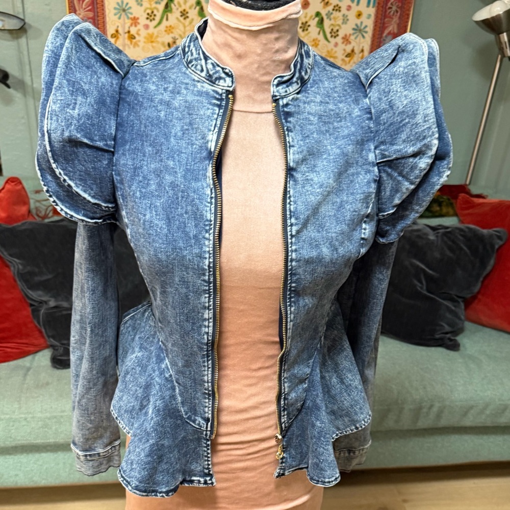 Vintage Blue Jean stretch Lady GaGa peplum feminine Jacket Small - Picture 6 of 13